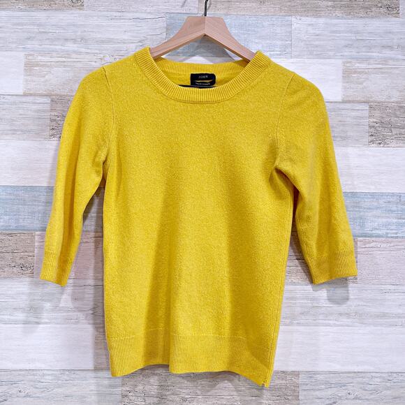 J CREW 100% Italian Cashmere Sweater Yellow 3/4 Sleeve Crewneck Womens Small - Picture 1 of 5